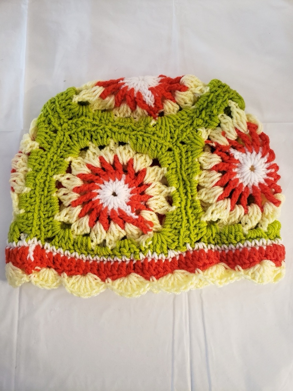 Handmade Crochet Granny Square Beanie Hat in Green, Red & Cream